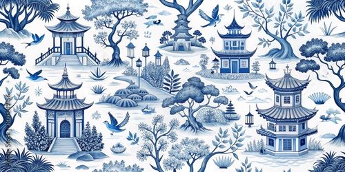 Blue and White Chinese Garden Illustration with Pagodas and Birds, Chinese garden, blue and white