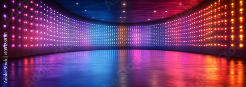 A digital background featuring a curved LED screen wall, displaying dynamic visuals and vibrant colors, ideal for modern technology, digital art, and futuristic design settings in entertainment or cor photo