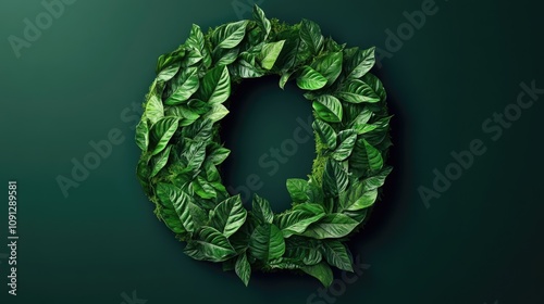 Lush green leaves intricately arranged to form the letter Q, set against a deep green background, highlighting a vibrant nature theme and organic elegance. photo