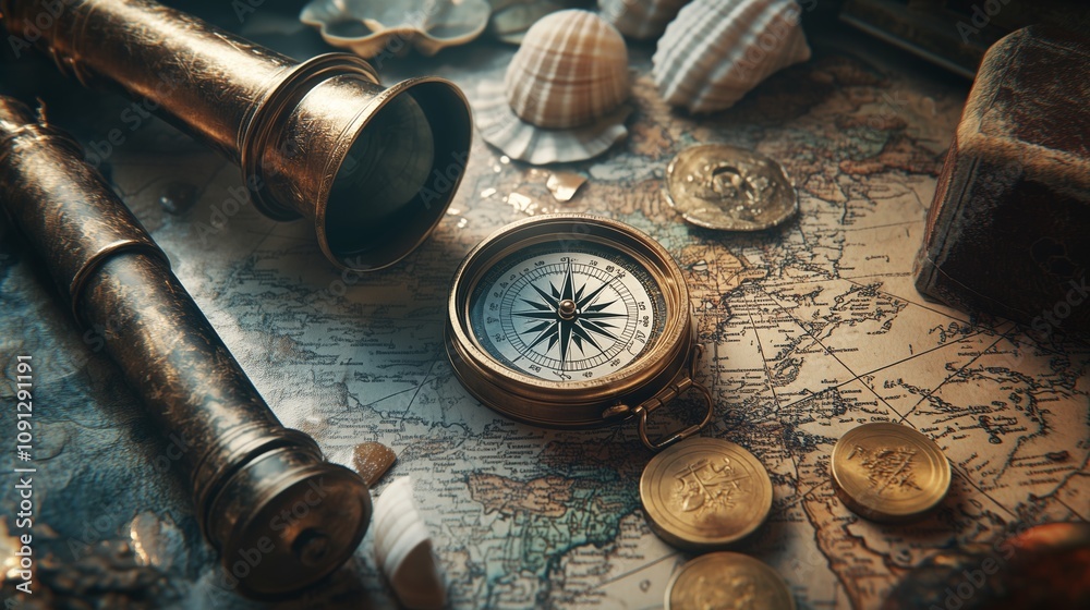 A vintage compass and telescope on an antique map, surrounded by rare collectibles, evokes adventure.