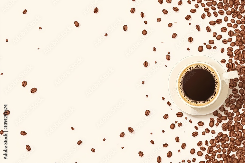 Obraz premium Coffee Mug Surrounded by Coffee Beans on Neutral Background