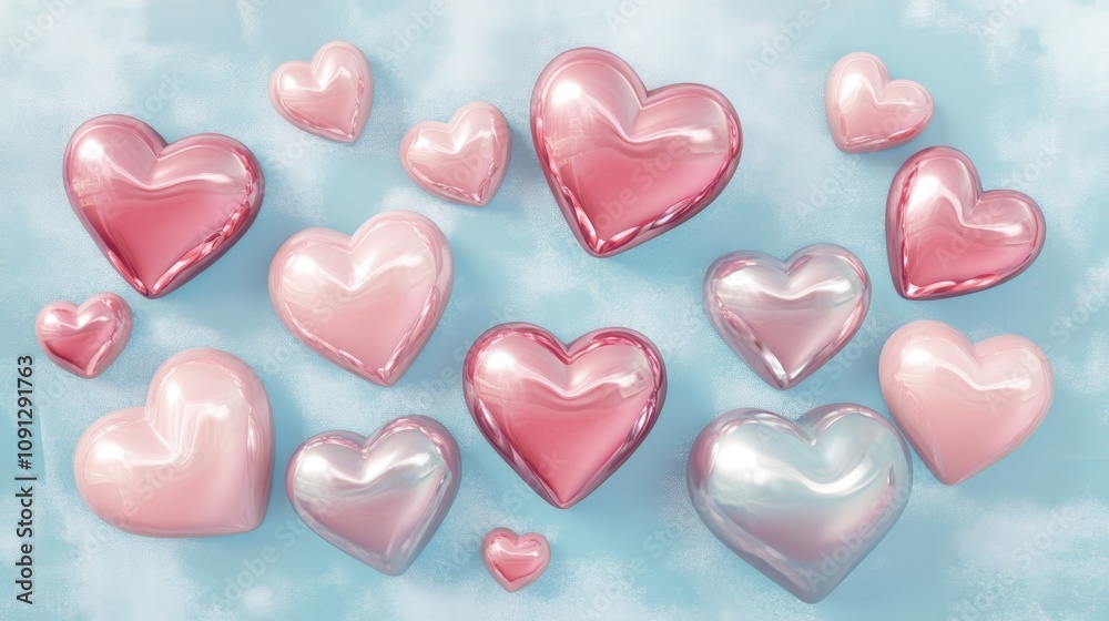 Collection of glossy pink hearts in various sizes floating on a soft blue background, evoking love and joy, ideal for romantic designs and festive themes with space for text. Collection of glossy pink hearts in various sizes floating on a soft blue background, evoking love and joy, ideal for romantic designs and festive themes with space for text.