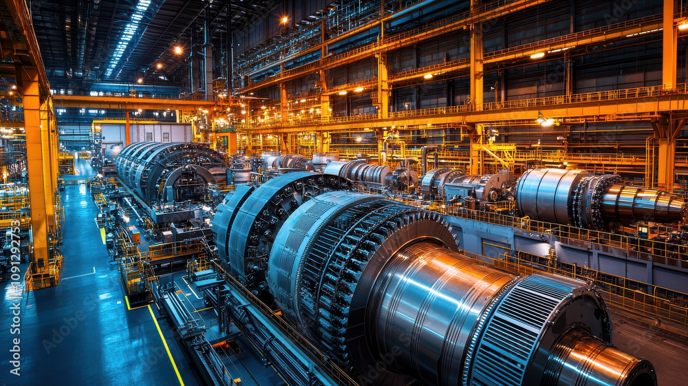 Expansive industrial turbine hall showcasing modern power generation technology, with large turbines and machinery illuminated by overhead lights, creating dynamic atmosphere Expansive industrial turbine hall showcasing modern power generation technology, with large turbines and machinery illuminated by overhead lights, creating dynamic atmosphere