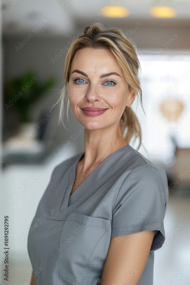 Fototapeta premium A beautiful, confident woman in her mid40s with blonde hair tied back standing inside of an elegant home office space, smiling at the camera.