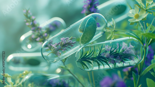 Close-up of transparent capsules filled with fresh herbs and flowers, symbolizing natural medicine, wellness, and herbal supplements. Alternative medicine, vitamins, dietary supplements photo