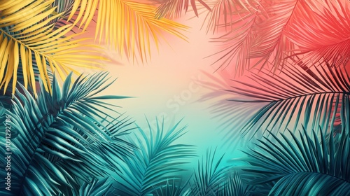 A vibrant tropical background with overlapping abstract palm leaves in shades of teal, coral, and yellow. A gradient base enhances the liveliness of the composition. The bold design feels fresh,  photo