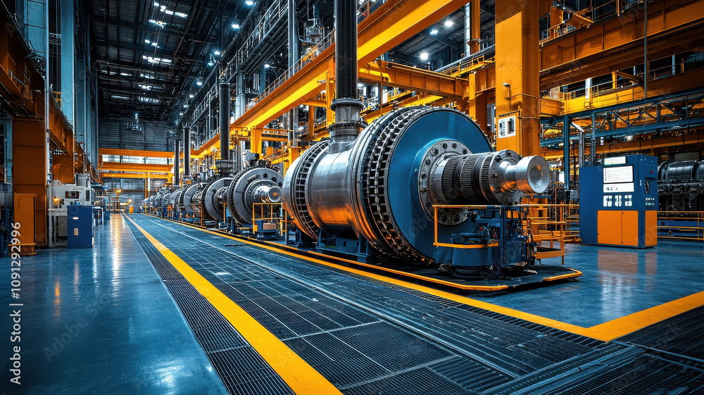 Obraz premium Massive steam turbines in gas power plant showcase industrial engineering. vibrant orange and blue colors highlight advanced technology and energy production