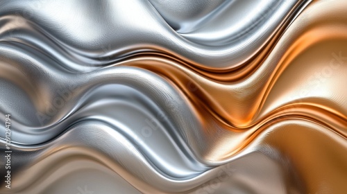 An abstract metallic background with rippling waves in shades of silver, gold, and bronze. The reflective surfaces catch light dynamically, adding sophistication and texture. A luxurious and  photo