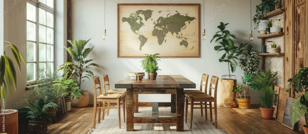 Fototapeta premium Rustic Dining Room with World Map and Plants