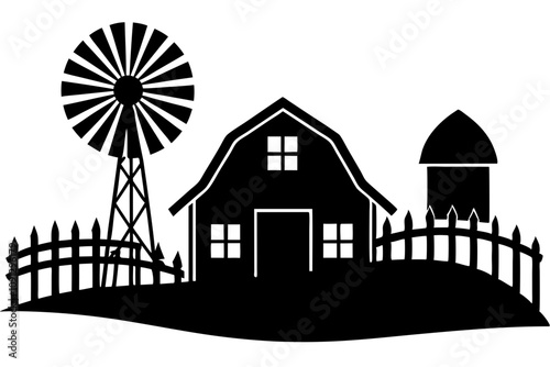 Countryside Silhouette - Barn, Windmill, and Picket Fence Vector Design