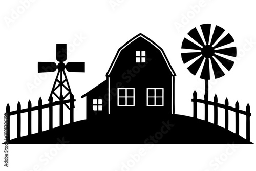 Countryside Silhouette - Barn, Windmill, and Picket Fence Vector Design