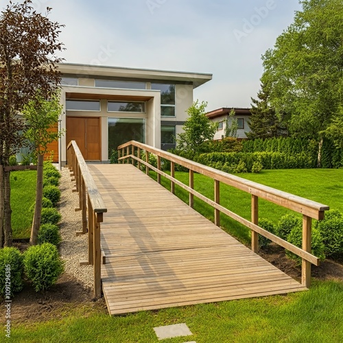 A wooden ramp for wheelchairs provides access to the house, increasing its ease of use for people with mobility problems. photo