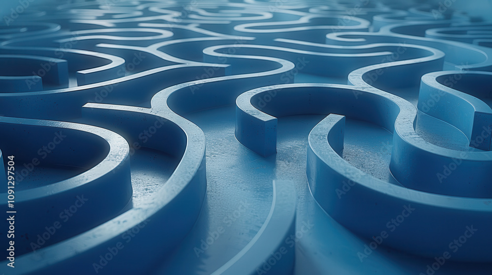 Fototapeta premium Explore this captivating abstract design featuring a blue maze with wavy lines and smooth surfaces, perfect for creative projects and modern background use
