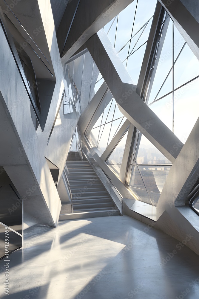 Obraz premium Modern architectural interior featuring dynamic shapes and large glass windows.