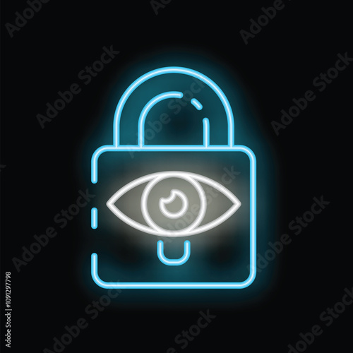 Glowing neon padlock with an eye symbolizing digital security and data protection