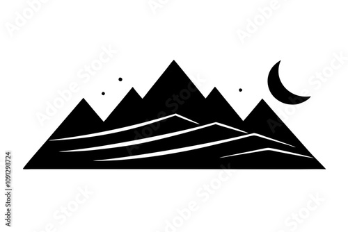 Mountain Silhouette - Layered Mountain Range with Crescent Moon Vector Design