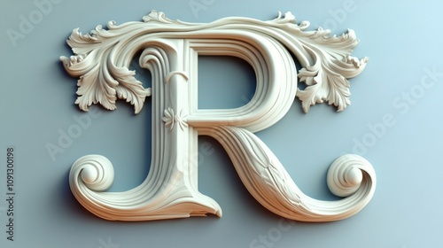 Intricately designed 3D rendered capital letter R featuring ornate detailing and decorative elements, perfect for elegant brand logos, invitations, or upscale design projects, decorative letter, ty... photo