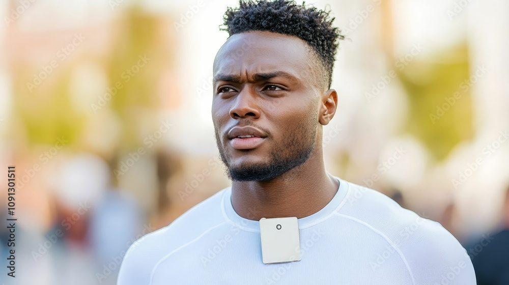 Fototapeta premium biometric sensor patch concept, A focused young man in a white sweater walks confidently, sporting a modern hairstyle and a phone attached to his chest, amidst a blurred urban backdrop.