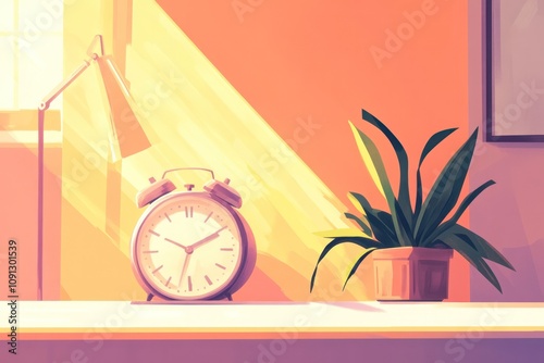 Vintage Alarm Clock and Potted Plant on Desk in Warm Sunlit Room With Minimalist Design