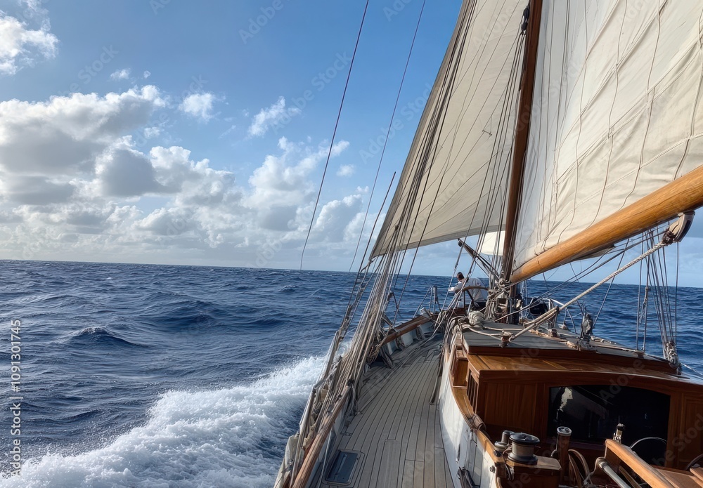 Obraz premium Sailing on a Classic Yacht Amidst Clear Blue Waters and Fluffy Clouds Under a Bright Sunlight in a Peaceful Ocean Experience