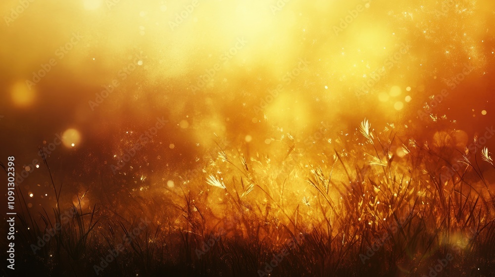 Fototapeta premium Soft golden bokeh lights create a dreamy atmosphere over a sunlit natural grass field, with delicate grass blades shimmering in warm hues, blending harmoniously with the tranquil background.