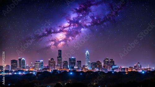 Wallpaper Mural Austin skyline in silhouette with a milky way galaxy glowing in vibrant purples and blues, Ai Generated Torontodigital.ca