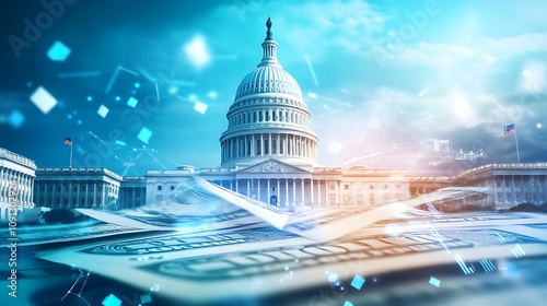 Artificial intelligence, ai in law digital brain. A digital illustration depicting the U.S. Capitol building surrounded by floating currency, symbolizing finance and governance.