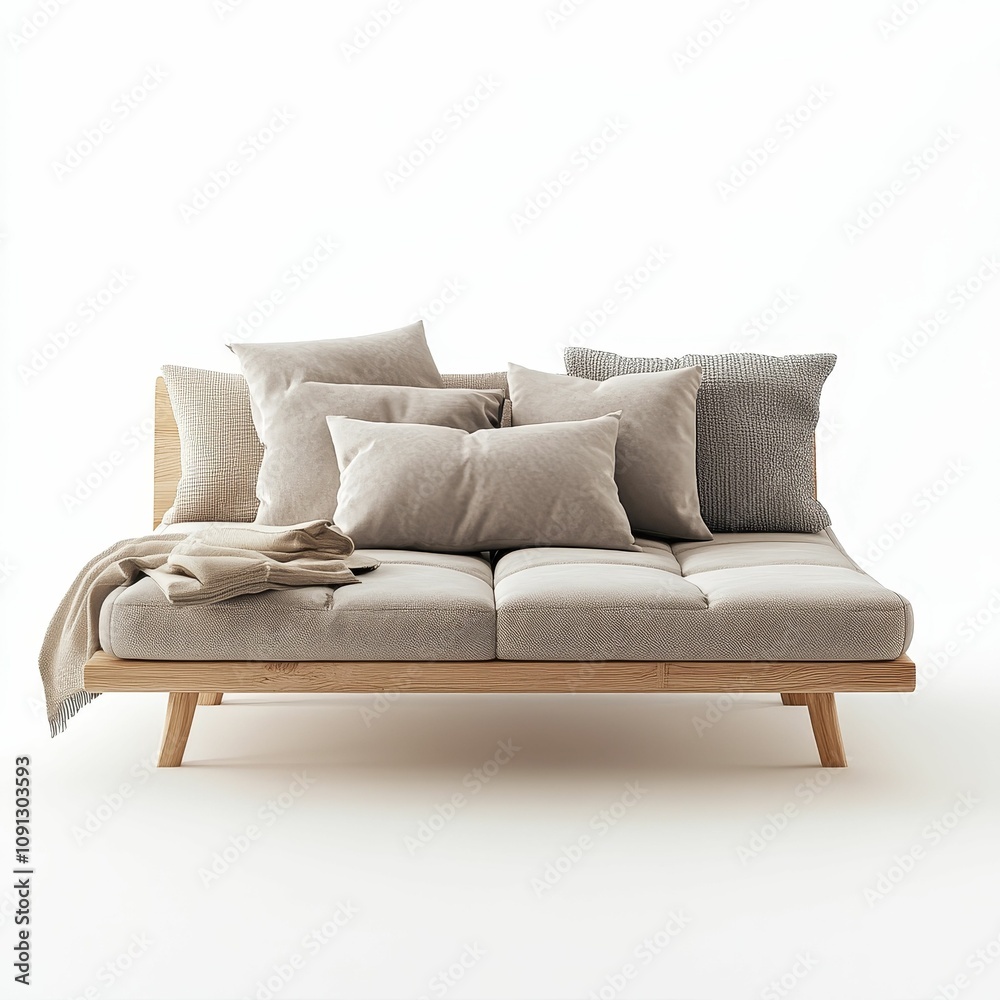 Fototapeta premium Beige couch, wooden frame, many pillows, blanket.