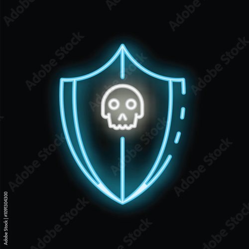 Blue neon shield protecting from skull threat, concept for antivirus or cybersecurity