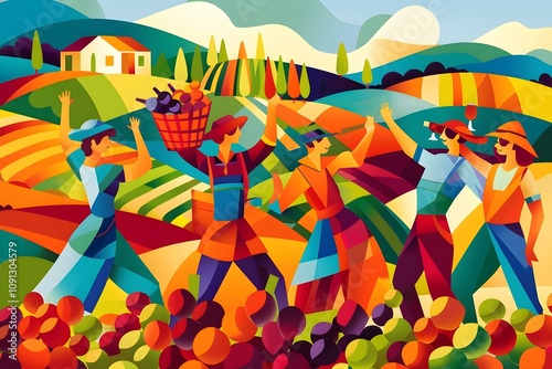 dancing in vineyards celebrating drinking wine illustration colorful design
