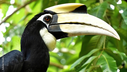 Close-up of a majestic hornbill with a detailed beak and vibrant forest background. Ideal for wildlife documentaries, travel promotions, educational content, and other projects. photo