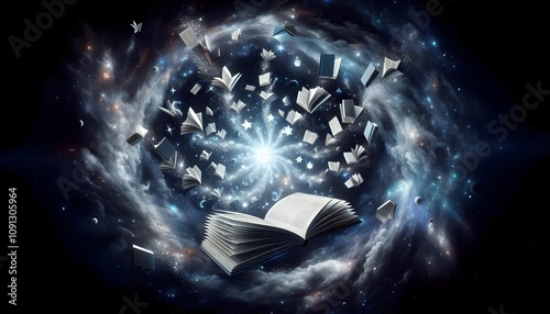 A celestial design symbolizing the infinite nature of knowledge. Books transforming into glowing stars, floating pages forming constellations, and open books releasing beams of light. 