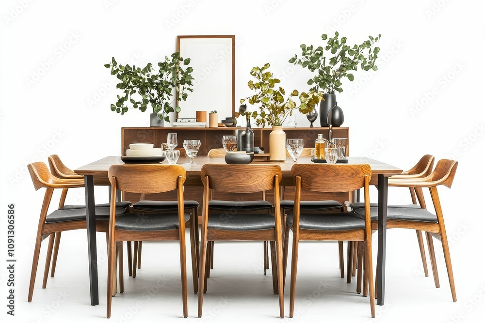 Modern dining set: wooden table, chairs, plants. Modern dining set: wooden table, chairs, plants.