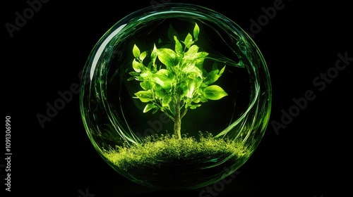 Green glass sphere showcasing a vibrant plant with lush leaves surrounded by moss, illuminated against a stark black background, emphasizing sustainability and nature.