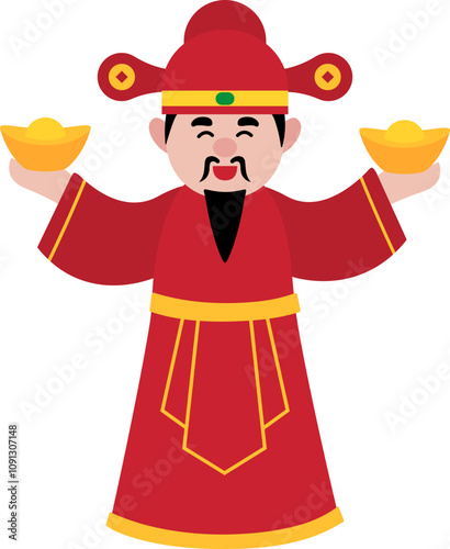 Chinese god of wealth holding gold ingot flat vector stock illustration.
Happy Chinese new year. 
Transparent background.
