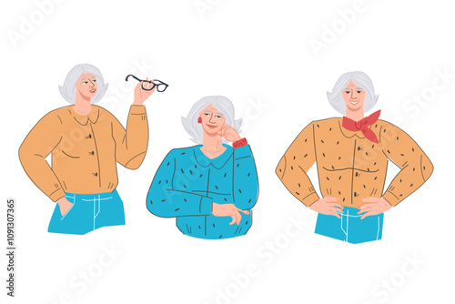 Elderly woman showing facial expressions. Grandmother in thoughtful, cheerful and confident mood for healthcare and elderly care projects, flat vector illustration isolated on white background.