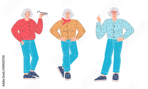 Senior aged, gray-haired woman standing full length and showing various emotions. Elderly female, grandma characters set, flat vector illustration isolated on white background.