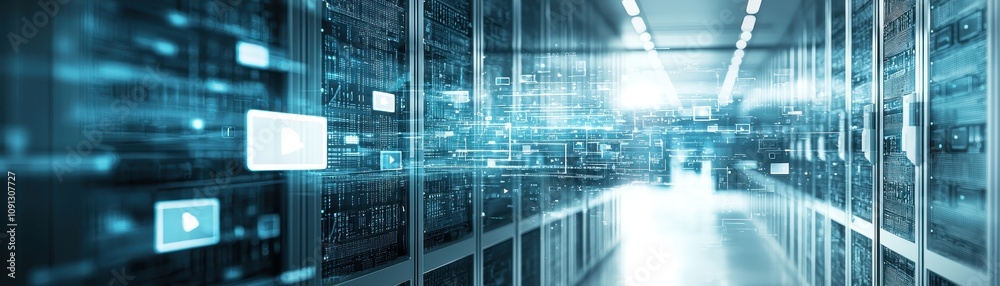 Obraz premium A futuristic data center with rows of servers and glowing digital elements, symbolizing technology, data processing, and connectivity.