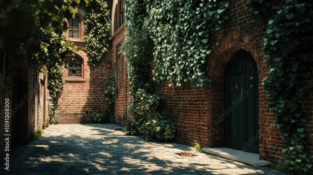 Fototapeta premium An aged brick building with ivy creeping up the walls, situated on a quiet cobblestone street.