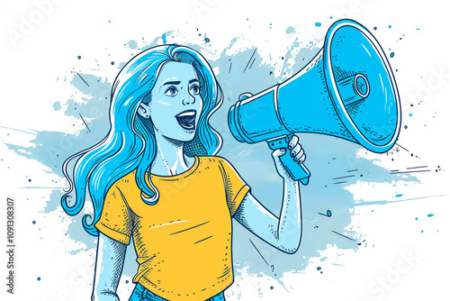 Dynamic Illustration of Woman Shouting Through a Megaphone