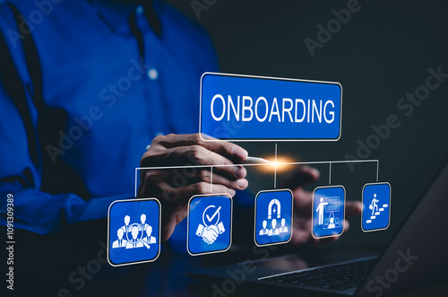 Onboarding Process Concept. Business professional illustrating a digital onboarding process with icons for recruitment, onboarding worker management, new employee training, and employee journey.
