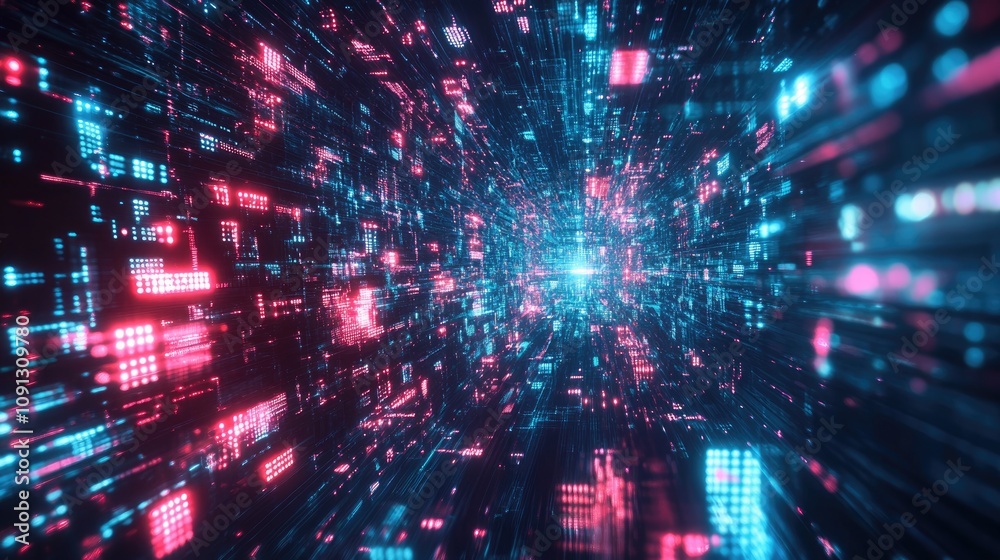 Obraz premium Futuristic digital landscape depicting vibrant data streams in pink and blue, symbolizing seamless data sharing and technological transformation.