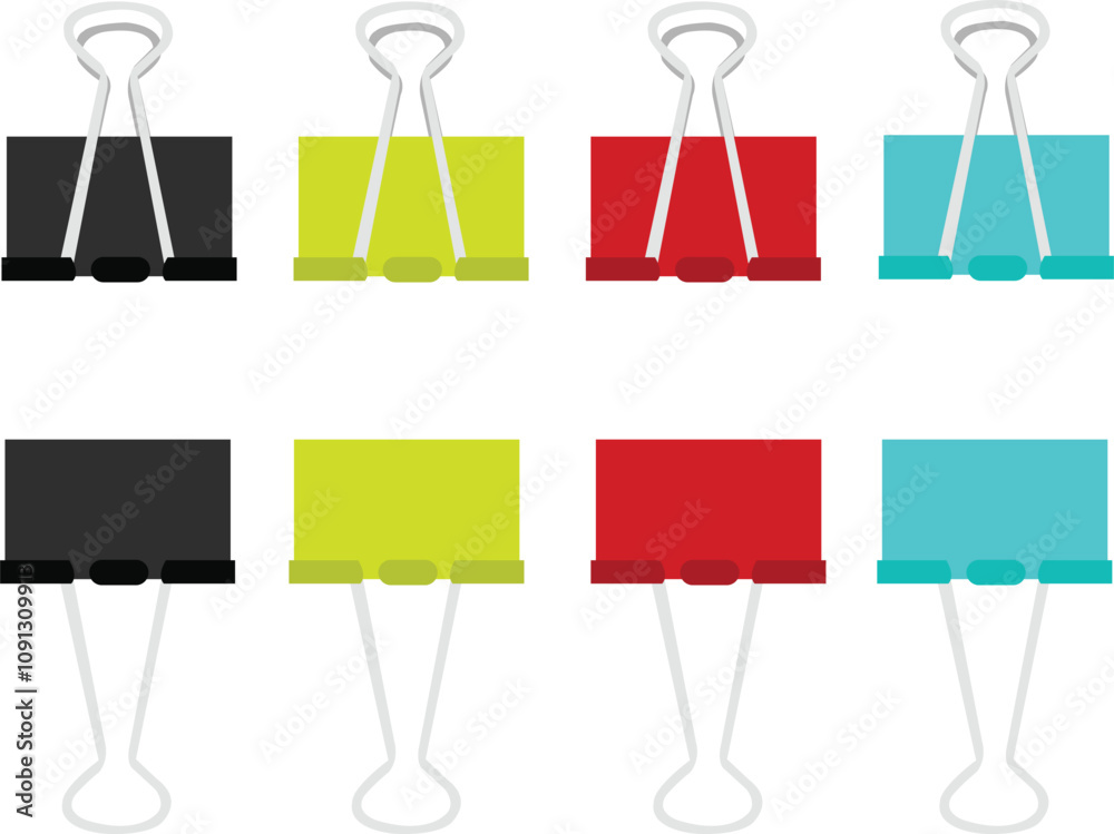 A group of binder clip vector icon illustration. Binder clip for artists cartoon illustration. Binder clip for drawing on white background, painter supply, Art stationary concept.