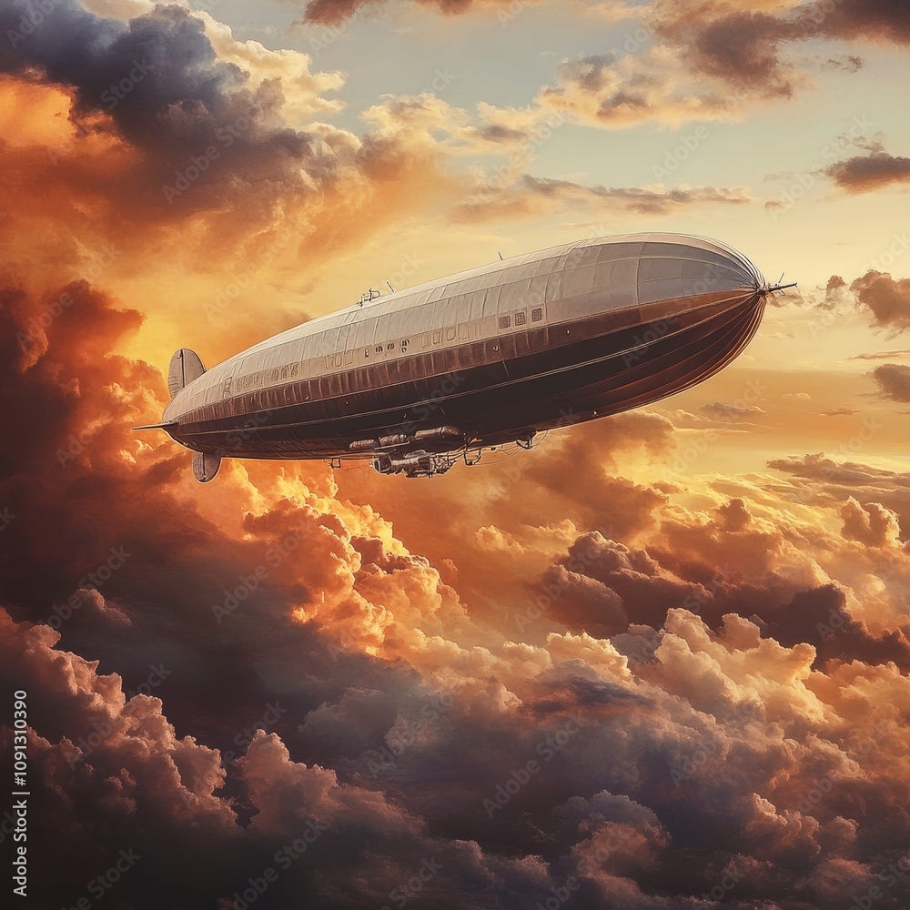 Naklejka premium Vintage Airship Soaring Through Dramatic Skies