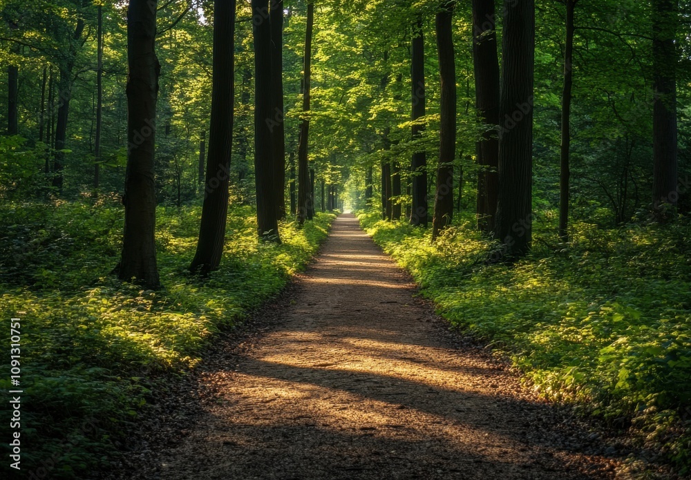 Obraz premium Serene Pathway Through Lush Green Forest Surrounded by Tall Trees and Soft Sunlight Filtering Through Leaves in Tranquil Nature Setting
