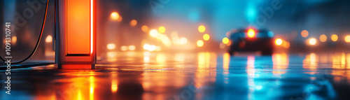 Vibrant city night scene featuring gas pumps and EV car charger with blurred silhouettes of vehicles in motion. photo