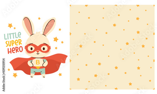 Collection of vector prints for printing on children's products. Cute bunny in superhero costume, stars and Little Super Hero lettering. Seamless vector pattern. Vector illustration