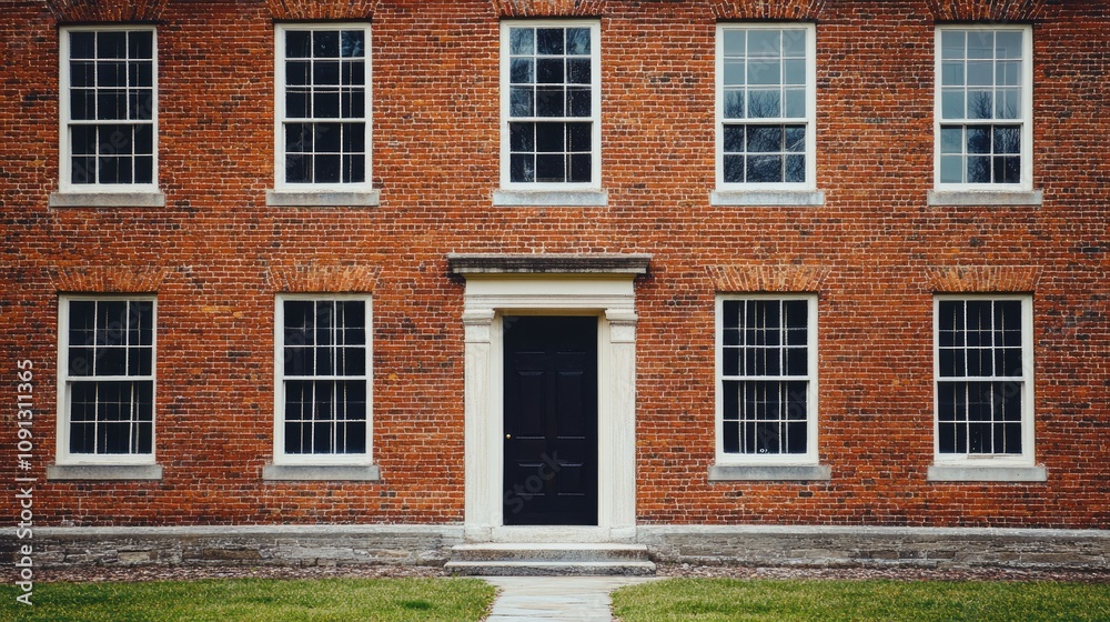 Obraz premium A colonial-era brick building with symmetrical windows and a central door.