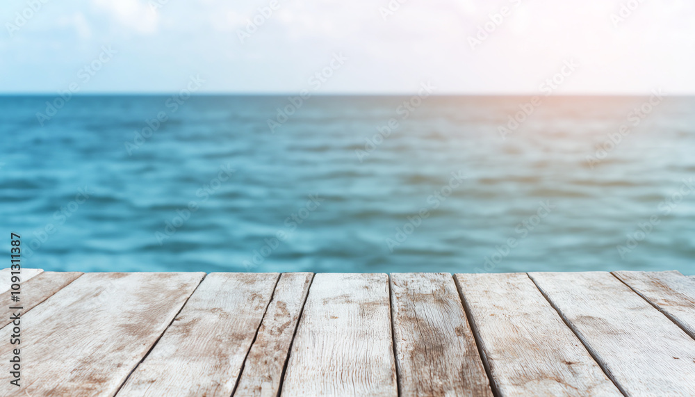 Wooden deck overlooking calm ocean, relaxation and vacation vibes in beautiful surroundings. Wooden deck overlooking calm ocean, relaxation and vacation vibes in beautiful surroundings.