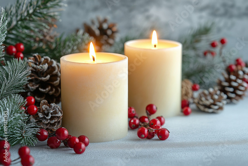 Beautiful holiday decoration with candles are lit surrounded by lush fir branches, red berries, pine cones and holiday decorations